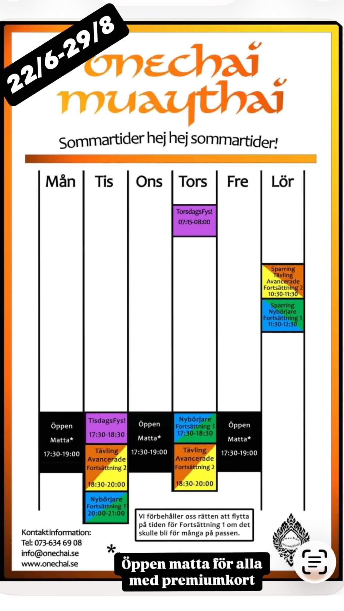 OneChai schema sommar 2026